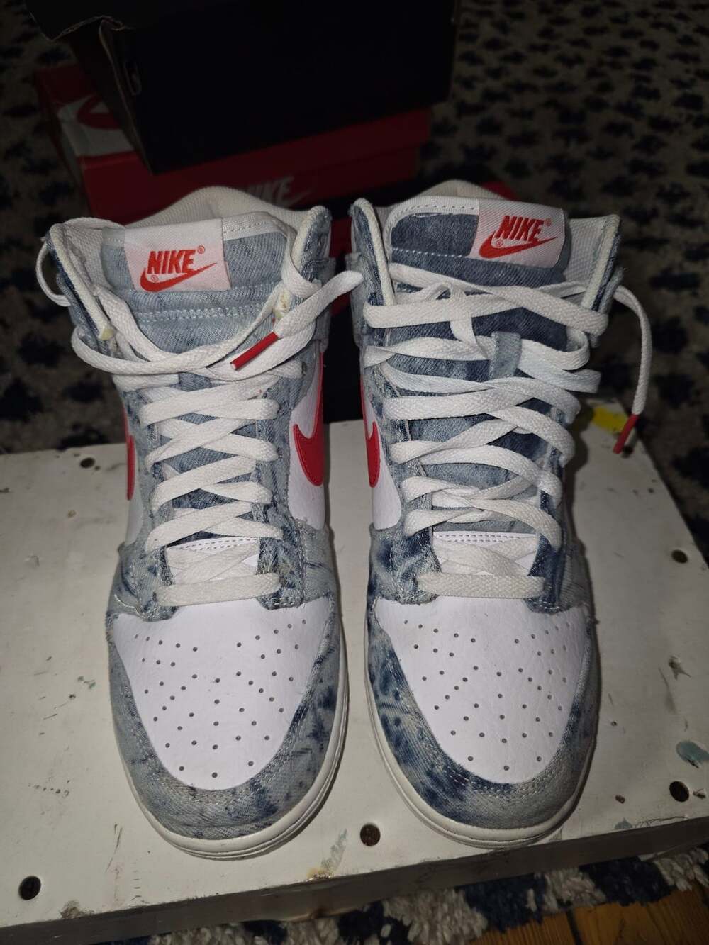 Nike Dunk High Washed Denim Size 9 White Habanero Red